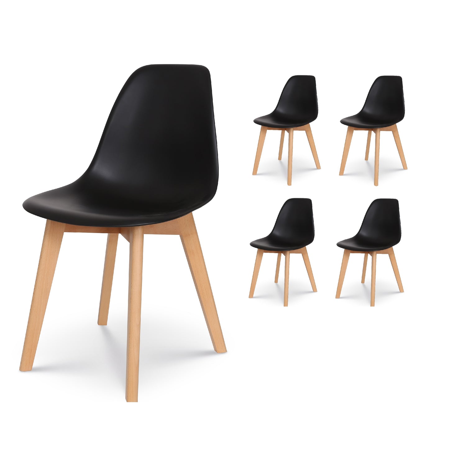 Lot de 4 chaises style scandinave modèle GABBY - Coque en résine noire et pieds en bois naturel