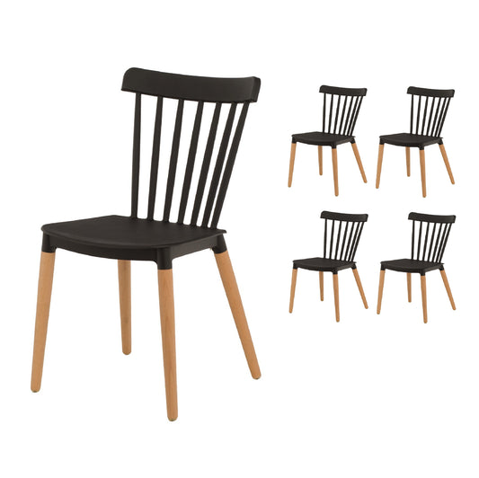 Lot de 4 chaises style scandinave à barreaux modèle POP - Coque en résine noire et pieds en bois naturel