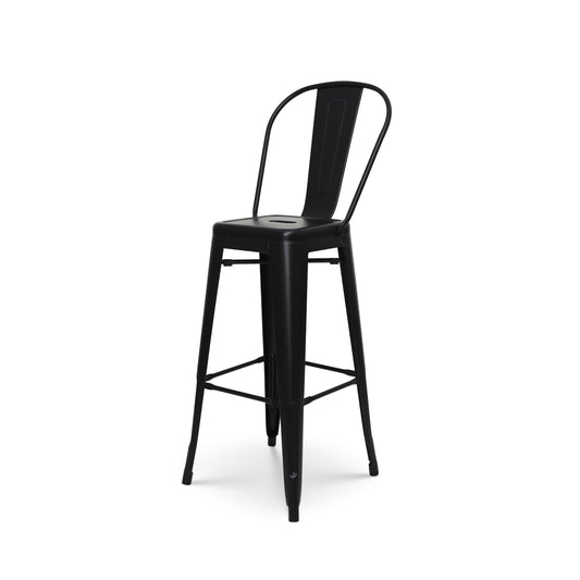 Tabouret de bar en métal noir mat style industriel - Avec dossier haut - Hauteur 76 cm