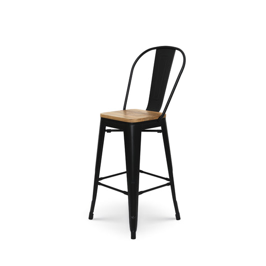 Tabouret de bar en métal noir mat style industriel avec dossier haut et assise en bois clair - Hauteur 66cm