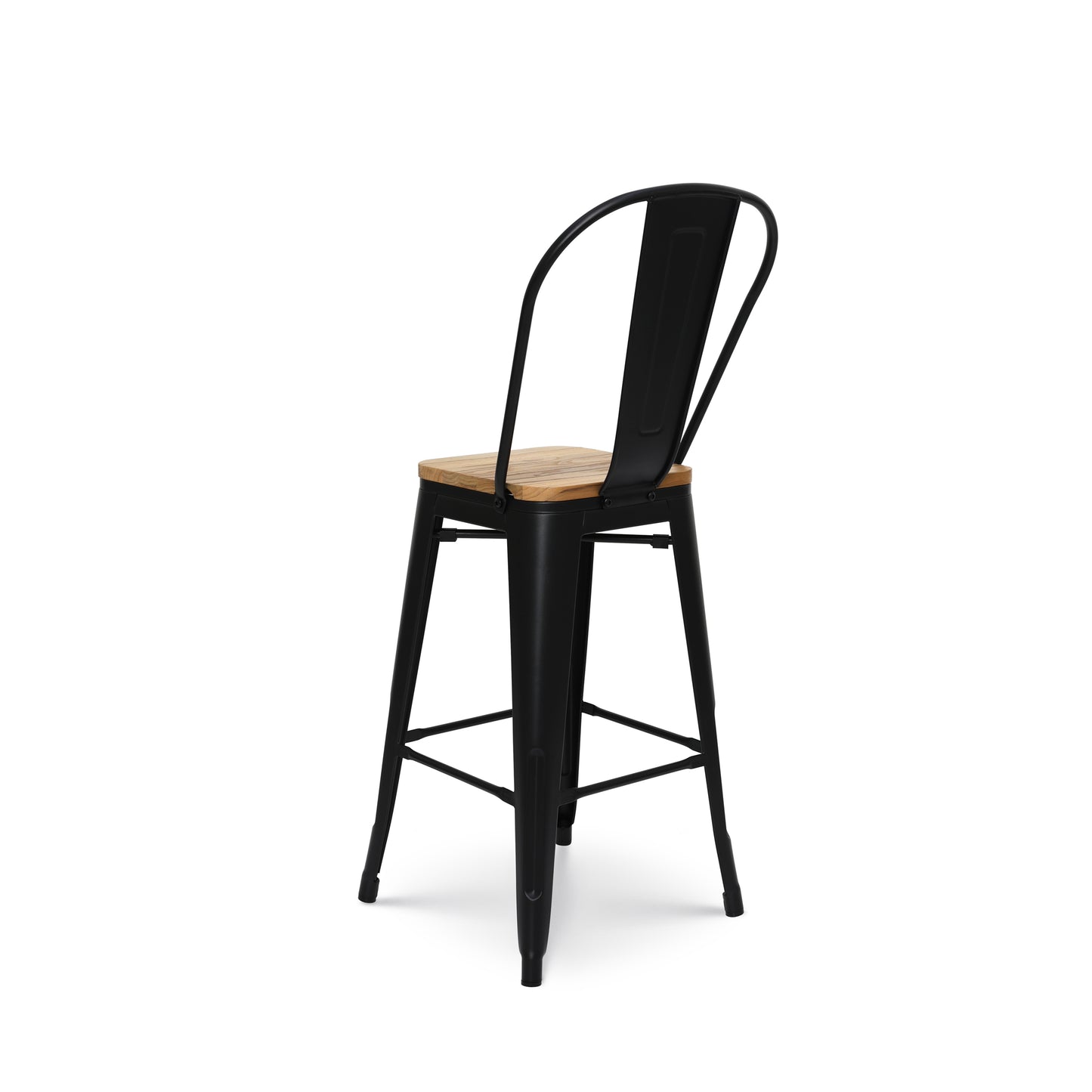 Tabouret de bar en métal noir mat style industriel avec dossier haut et assise en bois clair - Hauteur 66cm