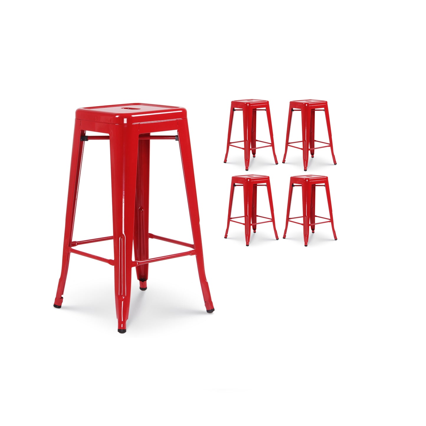 Lot de 4 tabourets de bar en métal rouge brillant style industriel - Sans dossier - Hauteur 66 cm