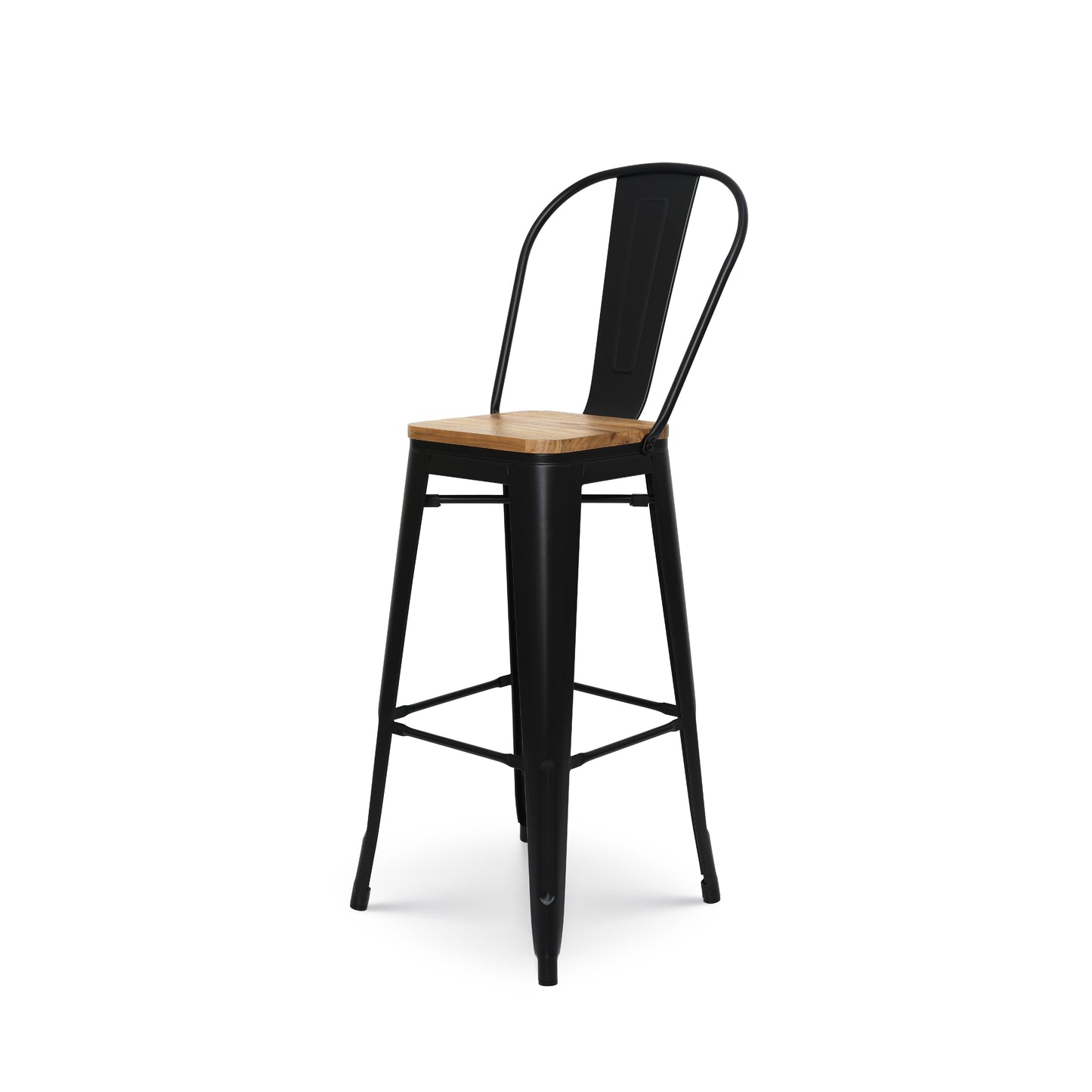 Lot de 4 tabourets de bar en métal noir mat style industriel avec dossier haut et assise en bois clair - Hauteur 76 cm