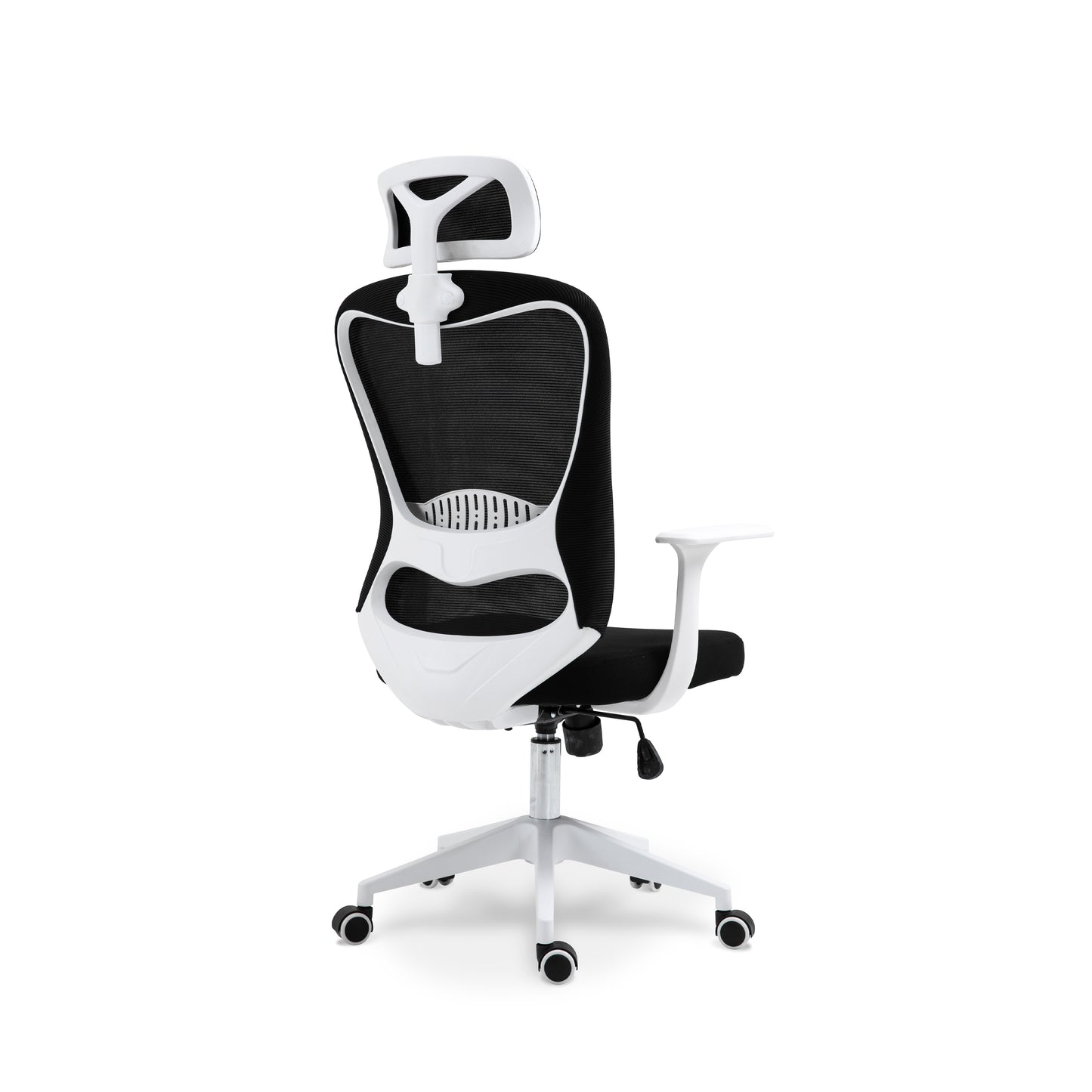 Chaise de bureau ergonomique noire et blanche avec appuie-tête