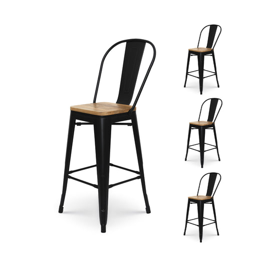 Tabouret de bar en métal noir mat style industriel avec dossier haut et assise en bois clair - Hauteur 66cm