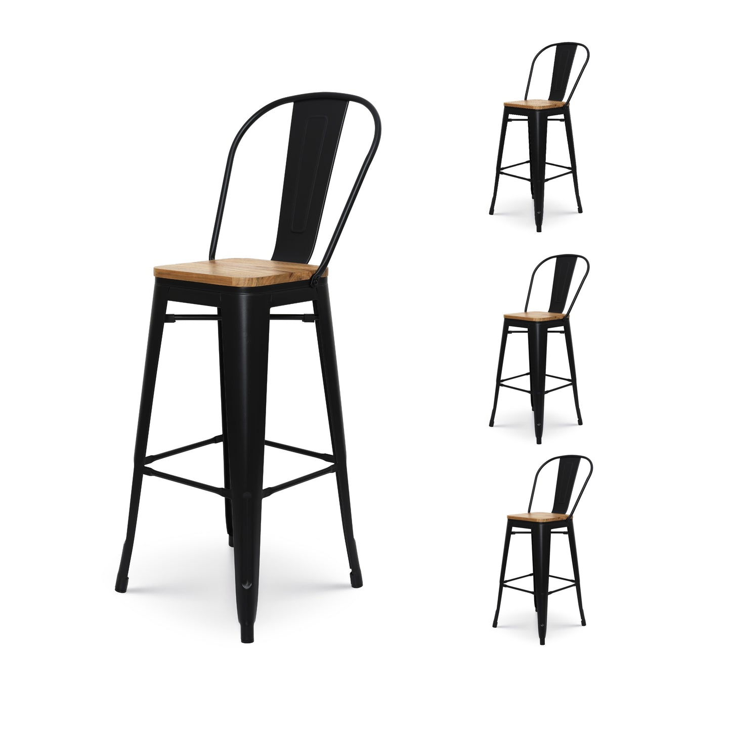 Lot de 4 tabourets de bar en métal noir mat style industriel avec dossier haut et assise en bois clair - Hauteur 76 cm