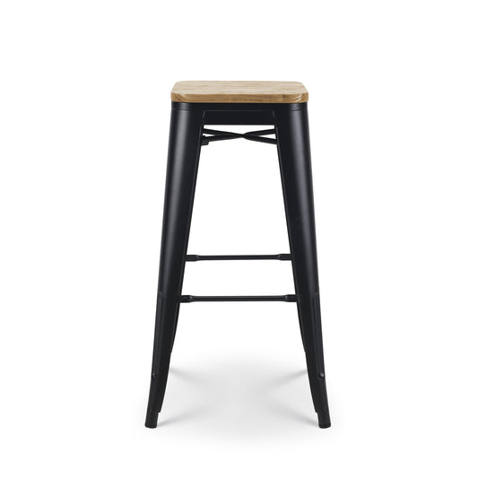 Tabouret de bar en métal noir mat style industriel et assise en bois clair - Hauteur 76 cm
