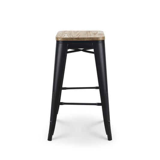 Tabouret de bar en métal noir mat style industriel et assise en bois clair - Hauteur 66 cm
