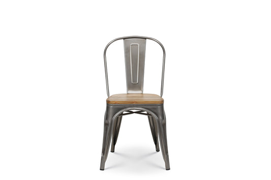Chaise en métal brut avec assise en bois massif clair - Aspect galvanisé