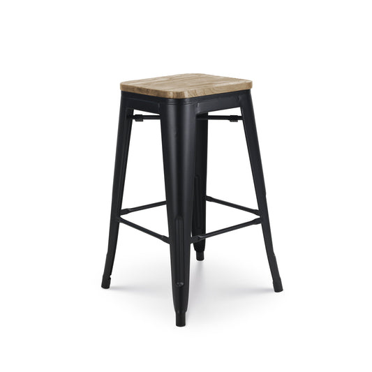 Lot de 4 tabourets de bar en métal noir mat style industriel et assise en bois clair - Hauteur 66 cm