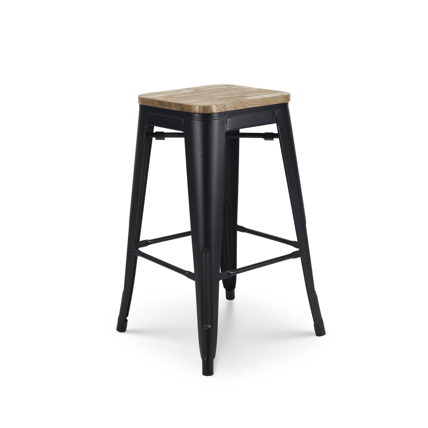 Tabouret de bar en métal noir mat style industriel et assise en bois clair - Hauteur 66 cm