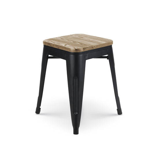 Tabouret en métal noir mat style industriel et assise en bois clair - Sans dossier - Hauteur 46 cm