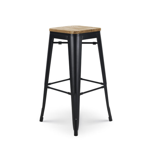 Tabouret de bar en métal noir mat style industriel et assise en bois clair - Hauteur 76 cm