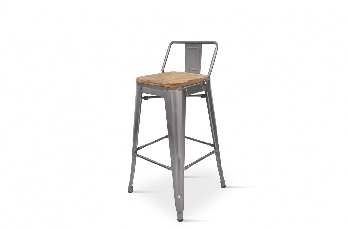 Tabouret de bar en métal brut aspect galvanisé style industriel avec dossier et assise en bois clair - Hauteur 66 cm