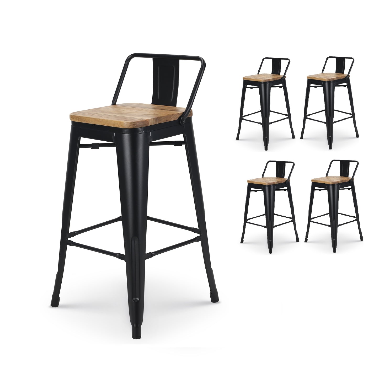 Lot de 4 tabourets de bar en métal noir mat style industriel avec dossier et assise en bois clair - Hauteur 66cm