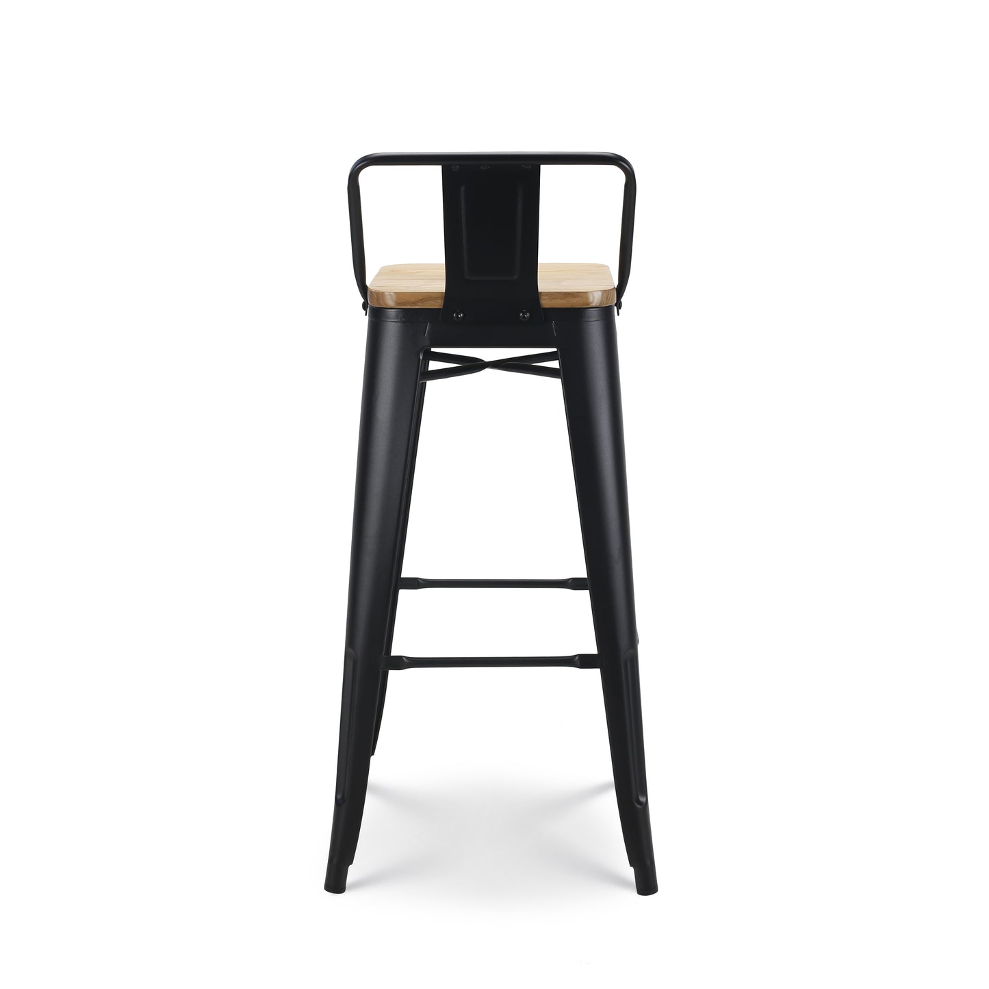 Tabouret de bar en métal noir mat style industriel avec dossier et assise en bois clair - Hauteur 76 cm