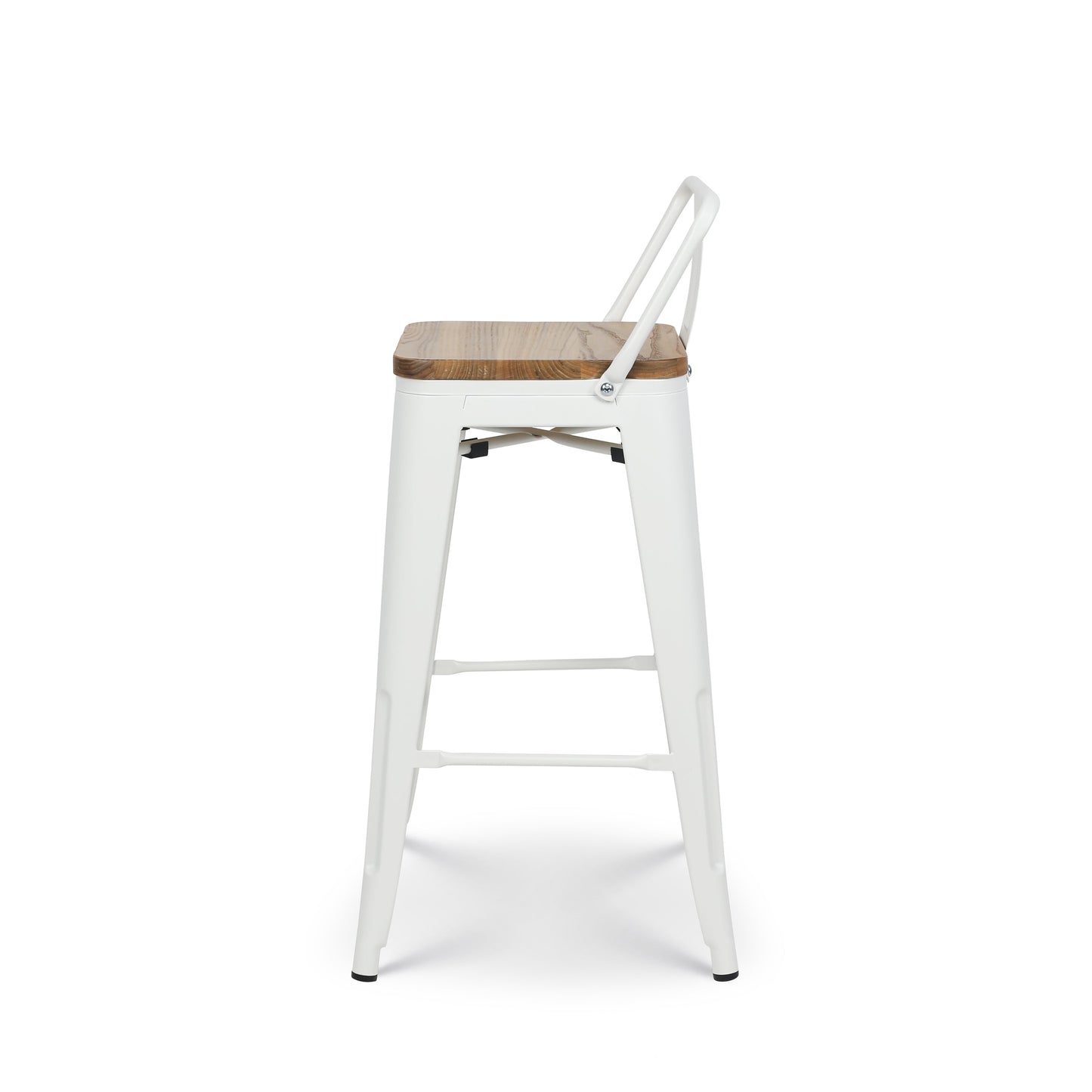 Tabouret en métal blanc mat style industriel avec dossier et assise en bois clair - Hauteur 66cm