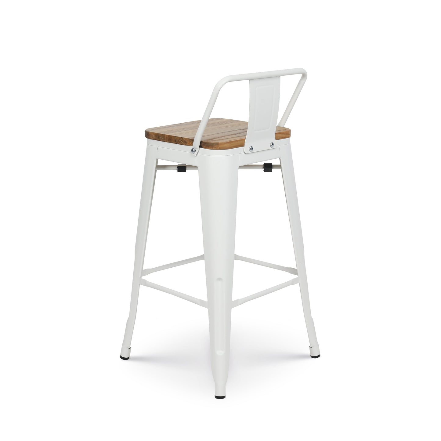 Tabouret en métal blanc mat style industriel avec dossier et assise en bois clair - Hauteur 66cm