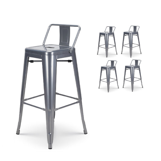 Lot de 4 tabourets de bar en métal gris argenté aspect brillant style industriel - Avec dossier - Hauteur 66cm