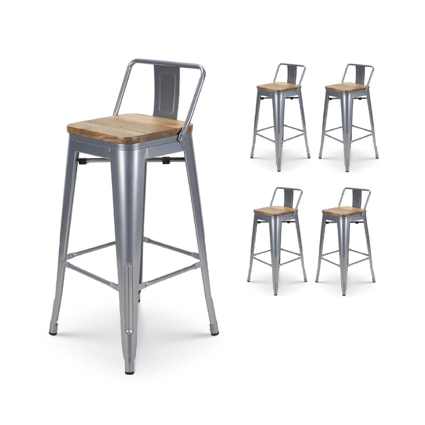 Lot de 4 tabourets de bar en métal gris silver aspect brillant style industriel avec dossier et assise en bois clair - Hauteur 76 cm