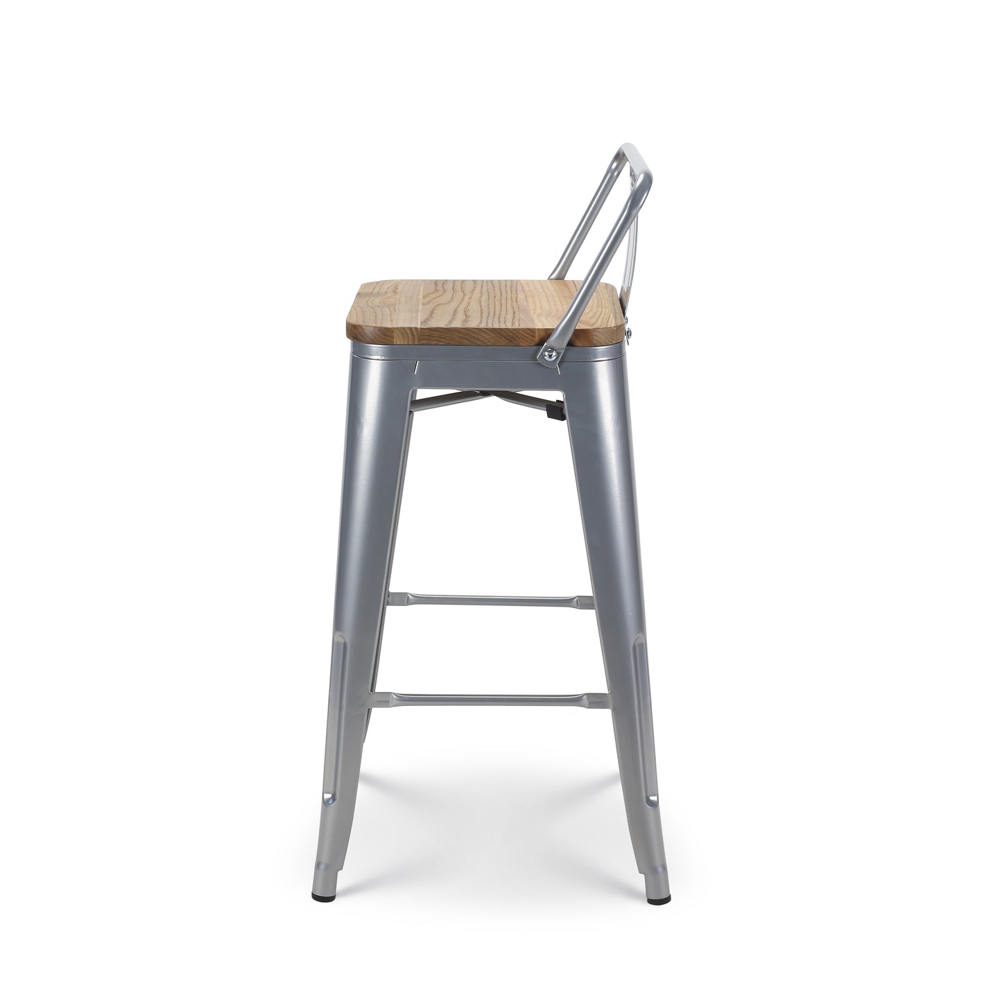 Tabouret de bar en métal gris argenté style industriel avec dossier et assise en bois clair - Hauteur 66 cm