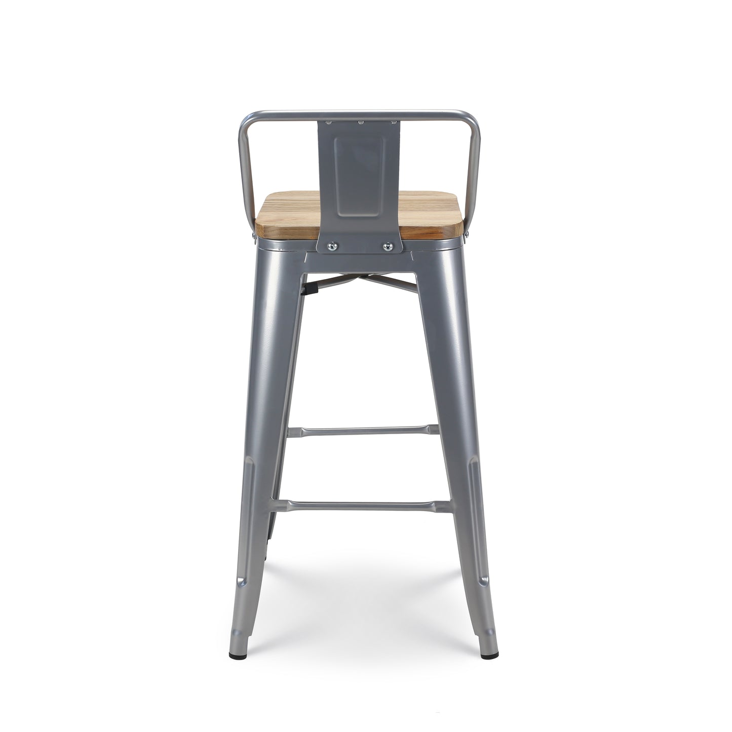 Tabouret de bar en métal gris argenté style industriel avec dossier et assise en bois clair - Hauteur 66 cm