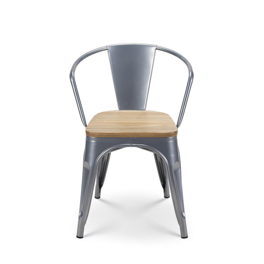 Chaise en métal silver style Industriel et assise en bois naturel clair - Avec accoudoirs