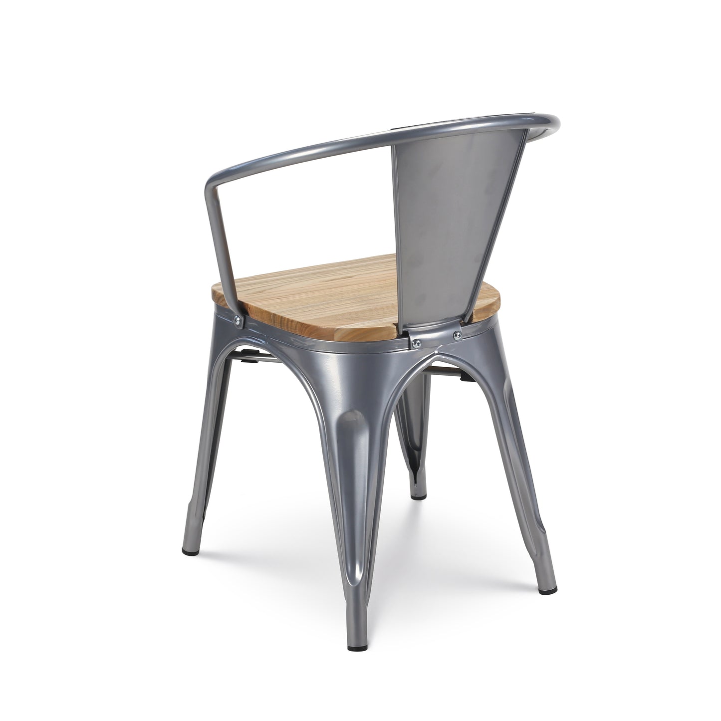 Lot de 4 chaises en métal gris argenté style industriel avec assise en bois clair - Avec accoudoirs