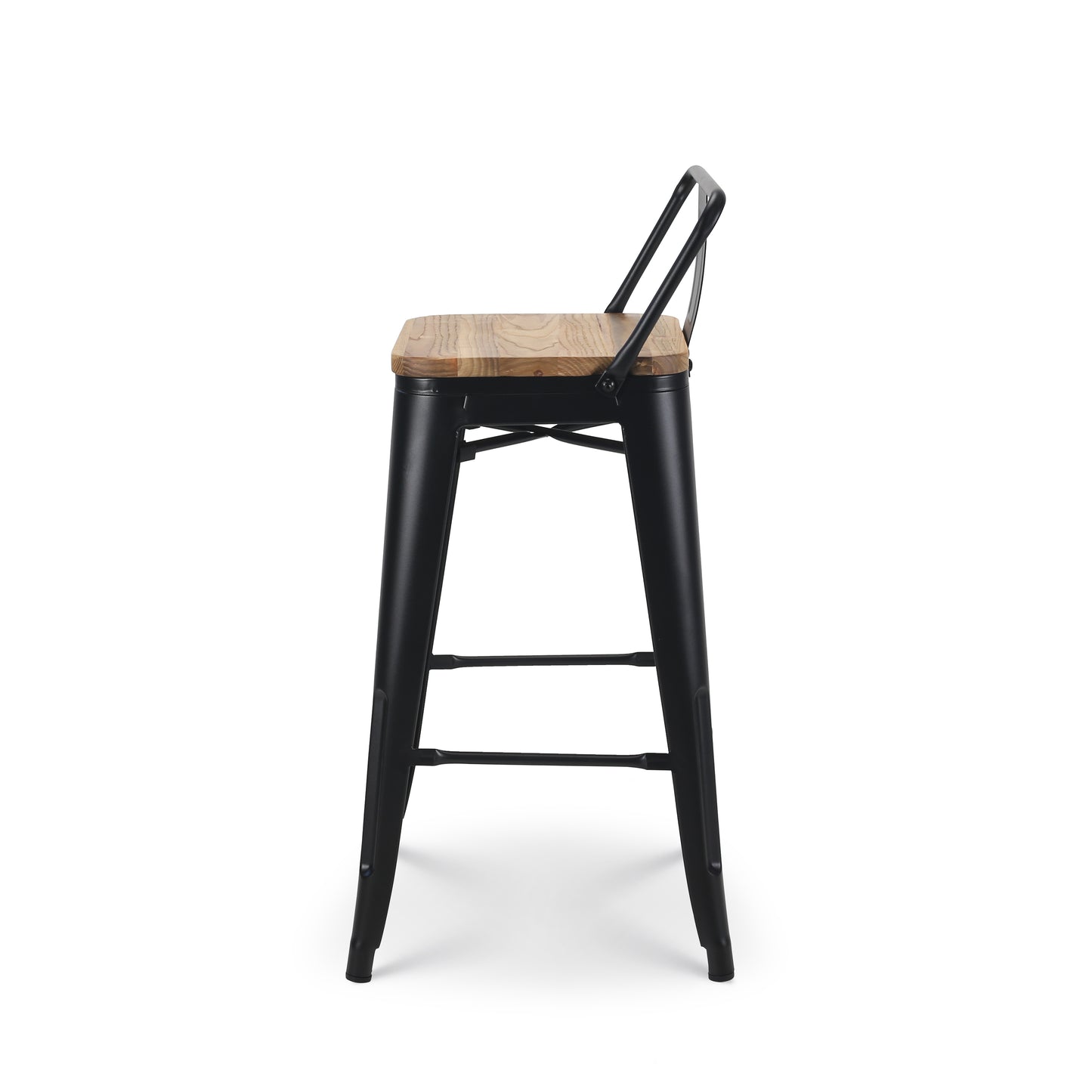 Tabouret de bar en métal noir mat style industriel avec dossier et assise en bois clair - Hauteur 66cm