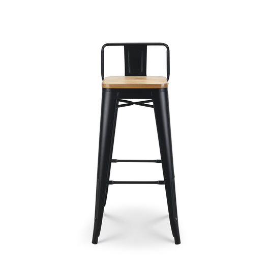 Tabouret de bar en métal noir mat style industriel avec dossier et assise en bois clair - Hauteur 76 cm