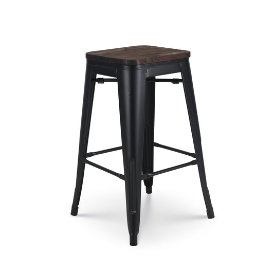 Tabouret de bar en métal noir mat style industriel et assise en bois foncé - Hauteur 66 cm