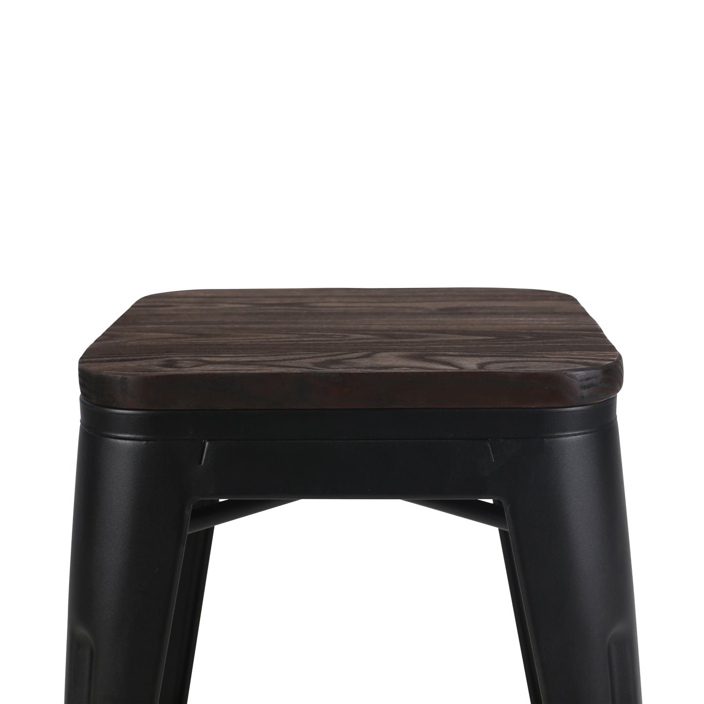 Tabouret en métal noir mat style industriel et assise en bois foncé - Sans dossier - Hauteur 46 cm