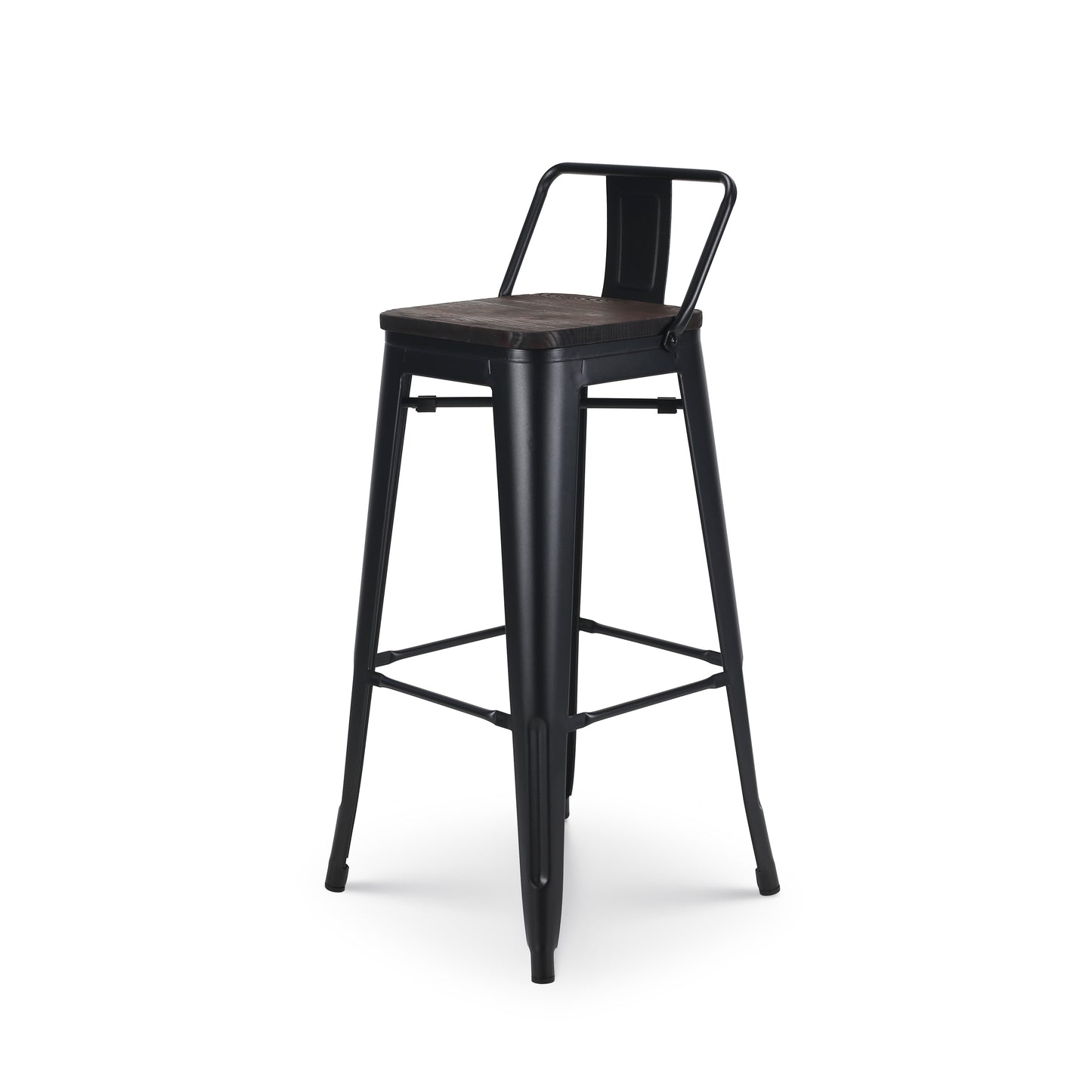 Tabouret de bar en métal noir mat style industriel avec dossier et assise en bois foncé - Hauteur 76 cm
