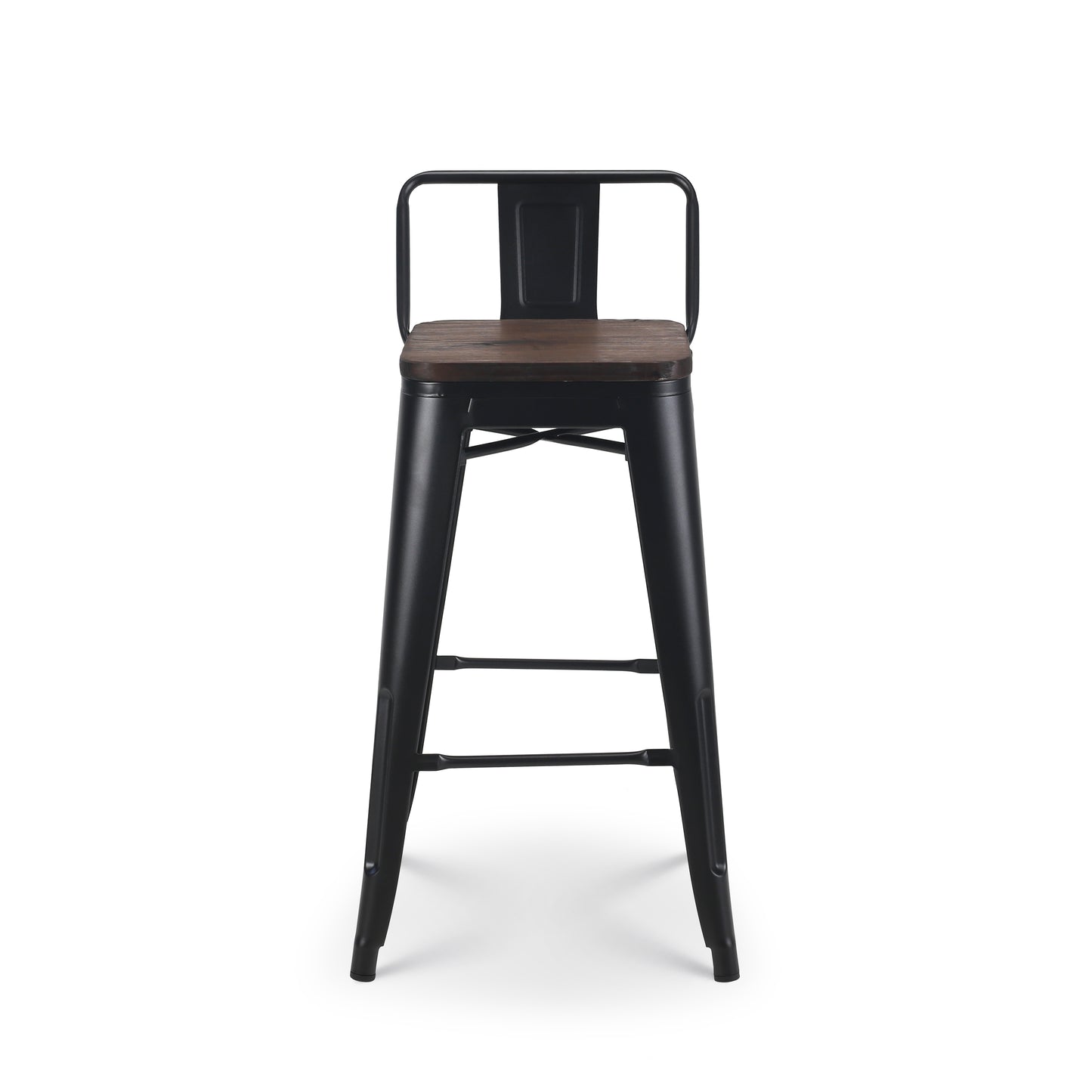 Tabouret de bar en métal noir mat style industriel avec dossier et assise en bois foncé - Hauteur 66cm
