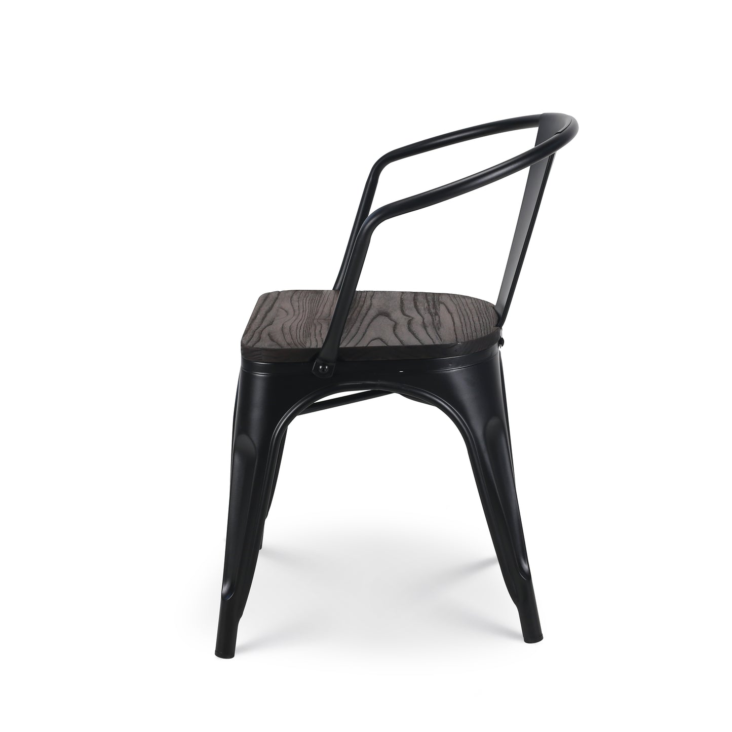 Lot de 4 chaises en métal noir mat style industriel avec assise en bois foncé - Avec accoudoirs