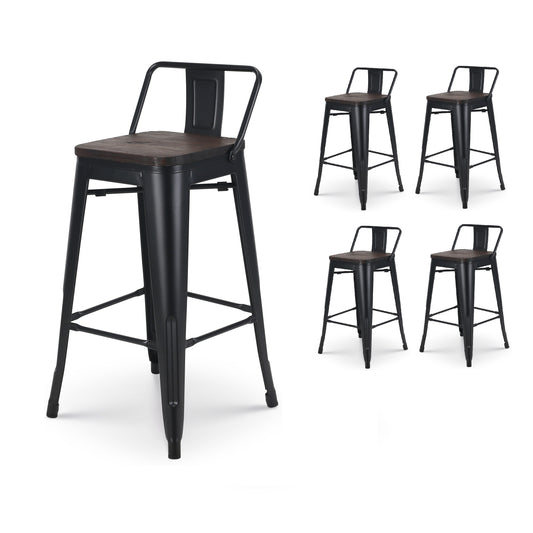 Lot de 4 tabourets de bar en métal noir mat style industriel avec dossier et assise en bois foncé - Hauteur 66cm