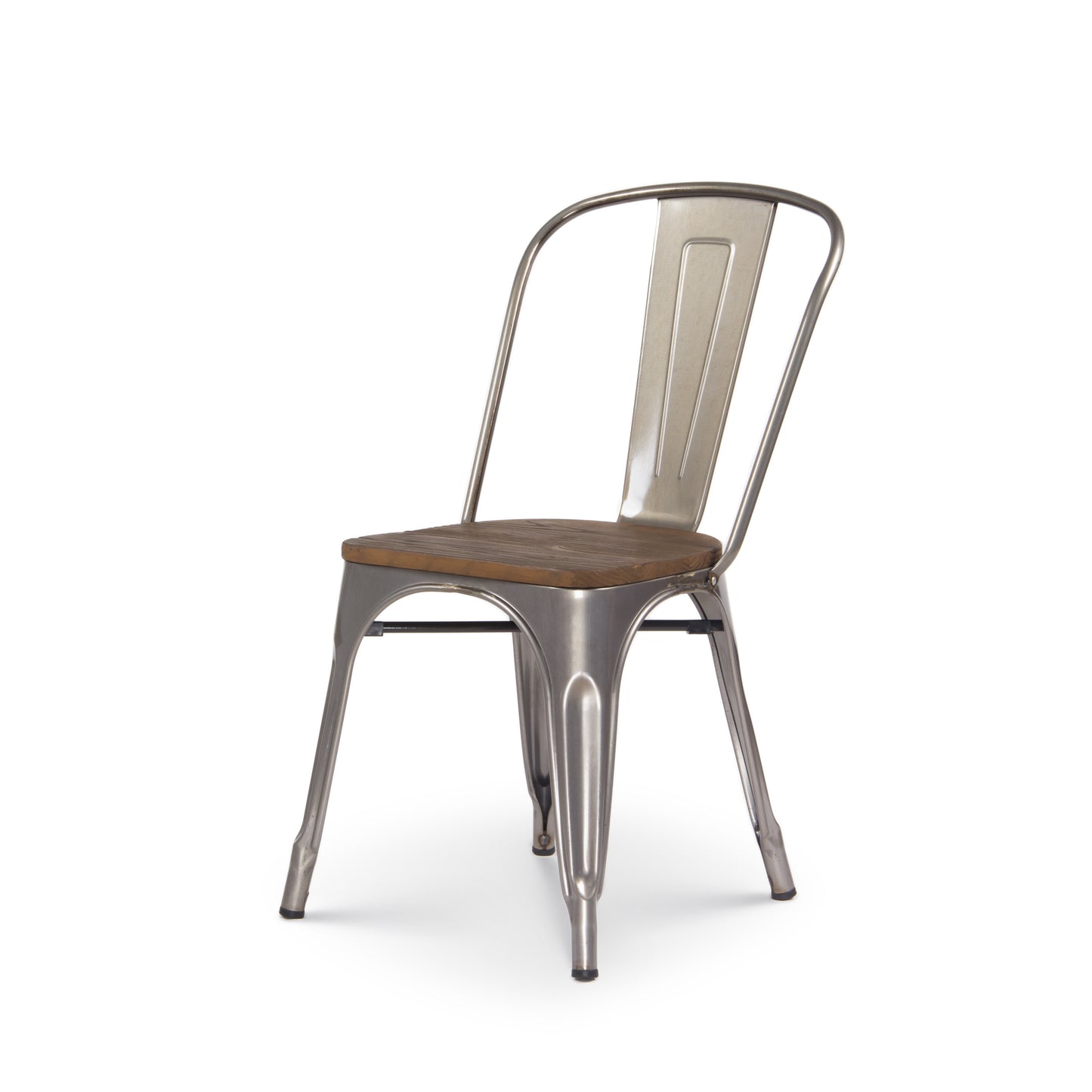 Lot de 4 chaises en métal brut aspect galvanisé et assise en bois foncé - Style industriel