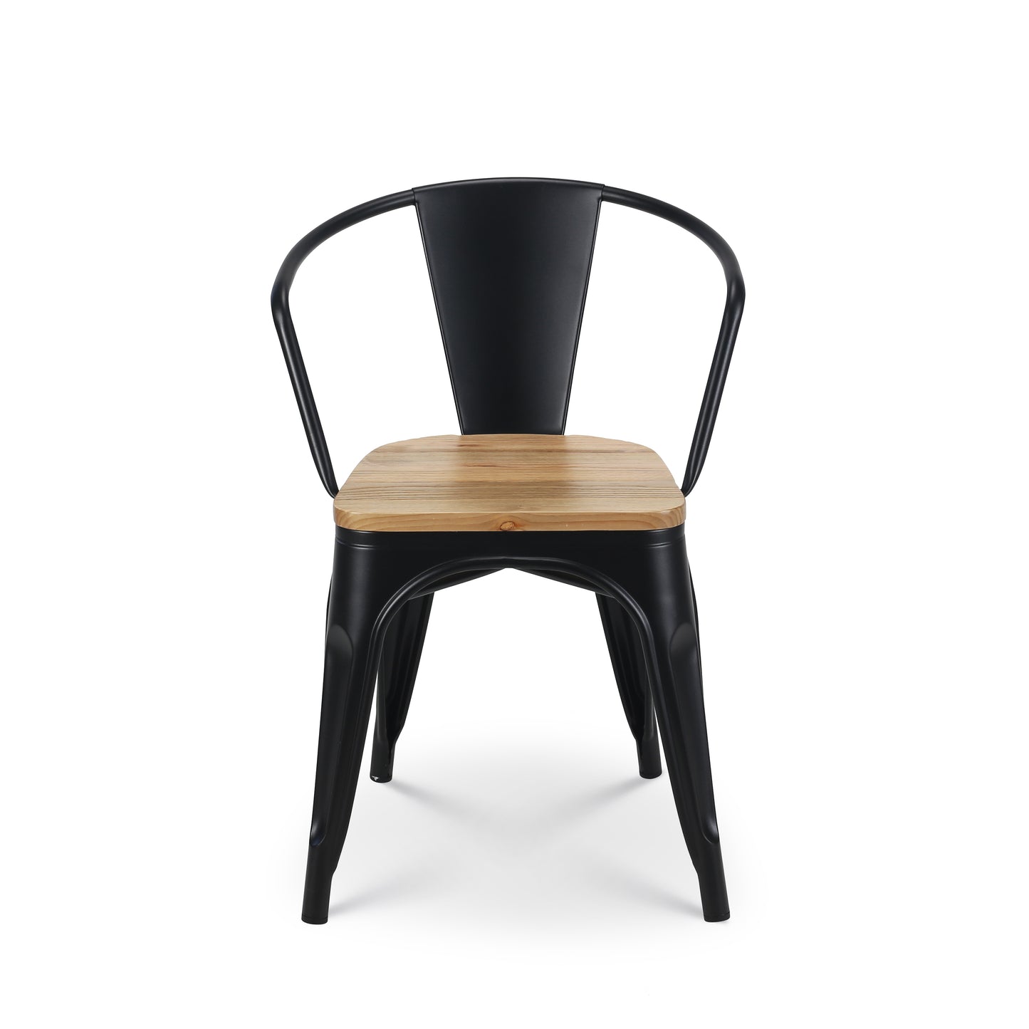 Lot de 4 chaises en métal noir mat style industriel avec assise en bois clair - Avec accoudoirs