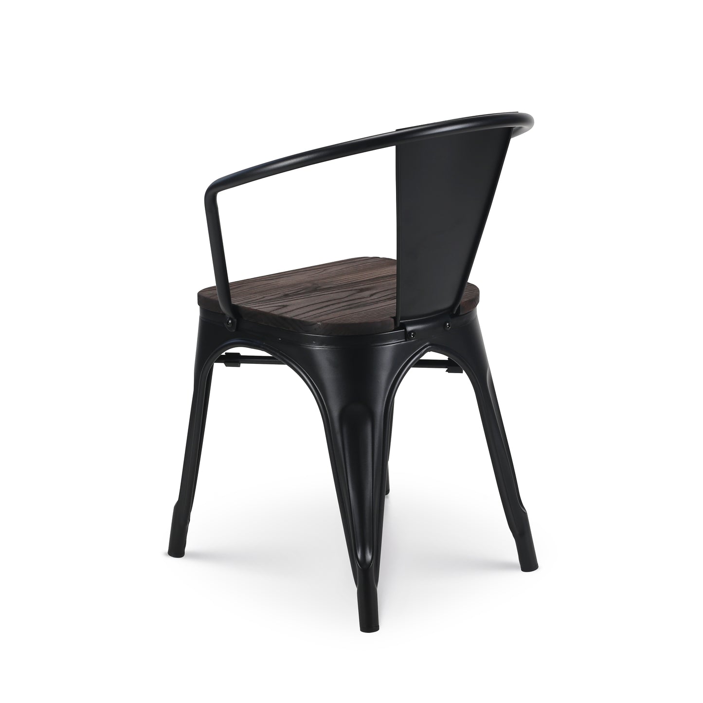 Chaise en métal noir mat style industriel avec assise en bois foncé - Avec accoudoirs