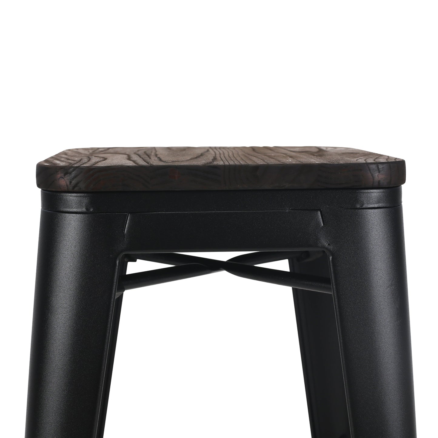 Lot de 4 tabourets de bar en métal noir mat style industriel et assise en bois foncé - Hauteur 76 cm