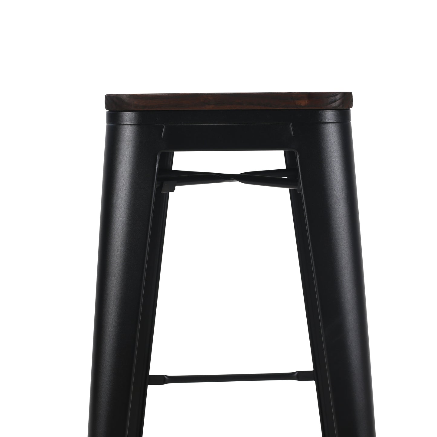 Lot de 4 tabourets de bar en métal noir mat style industriel et assise en bois foncé - Hauteur 66cm