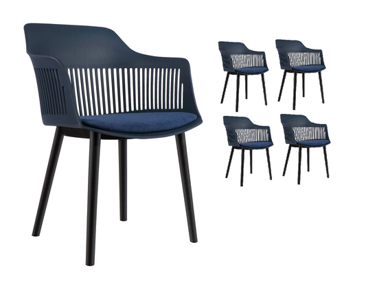 Lot de 4 chaises modernes en résine bleu et pieds design noirs