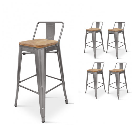 Lot de 4 tabourets de bar en métal brut aspect galvanisé style industriel avec dossier et assise en bois clair - Hauteur 66 cm