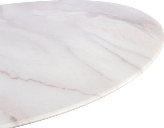 Table ronde en verre design avec plateau style marbre blanc