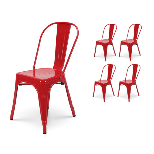 Lot de 4 chaises style industriel en métal rouge - Finition brillant