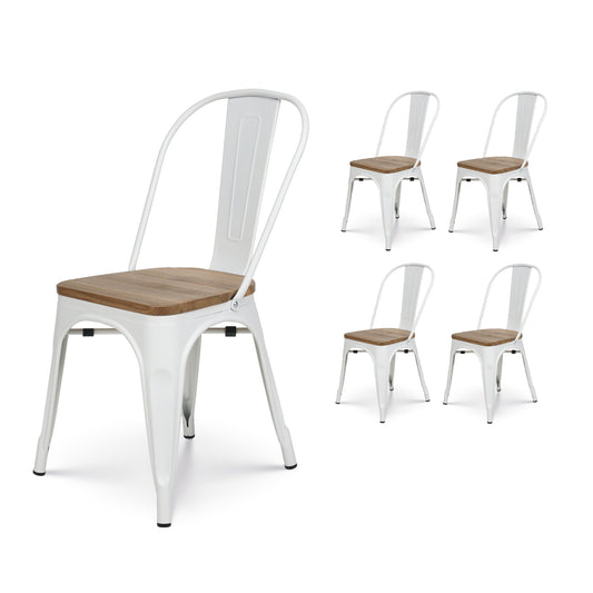 Lot de 4 chaises en métal blanc mat et assise en bois clair - Style industriel