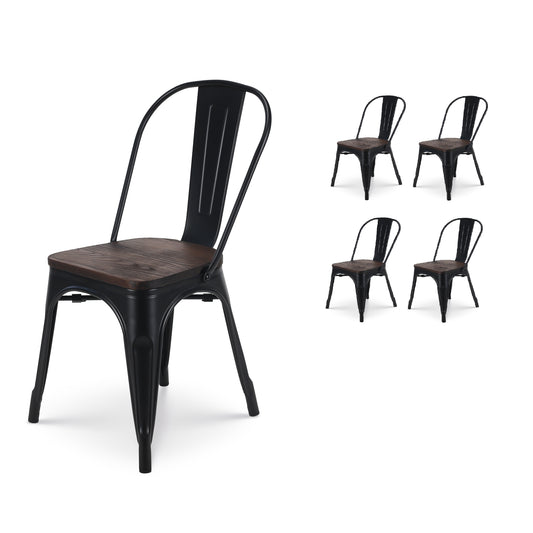 Lot de 4 chaises en métal noir mat et assise en bois foncé - Style industriel