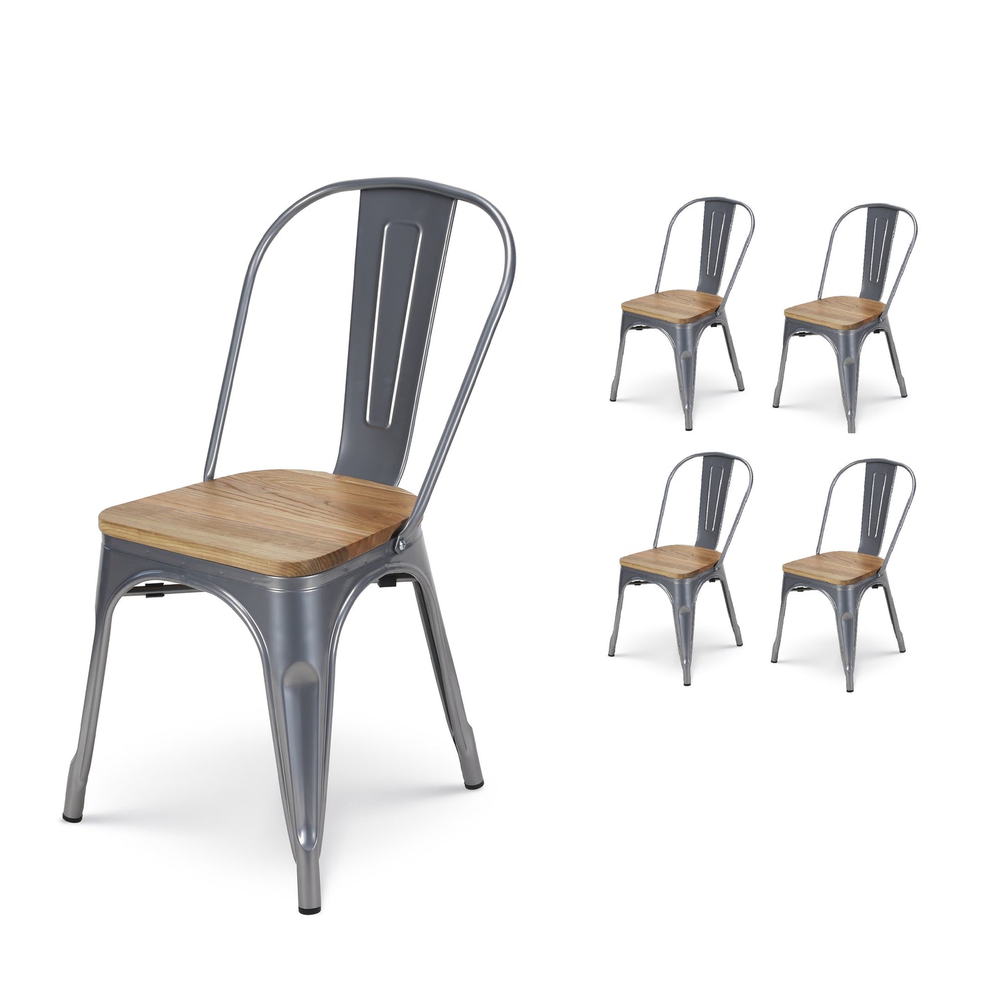 Lot de 4 chaises en métal gris argenté et assise en bois clair - Style industriel