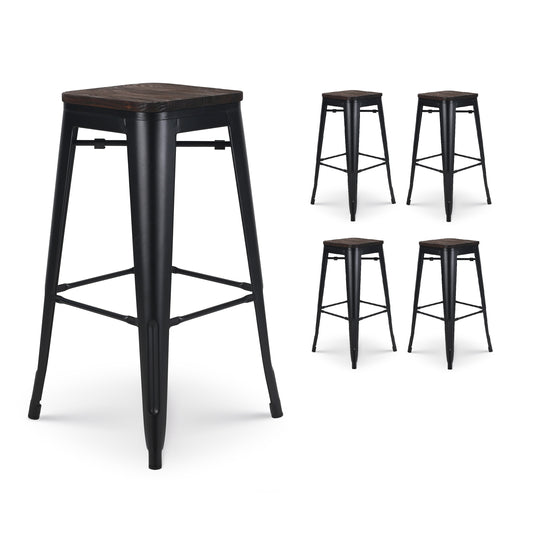 Lot de 4 tabourets de bar en métal noir mat style industriel et assise en bois foncé - Hauteur 76 cm