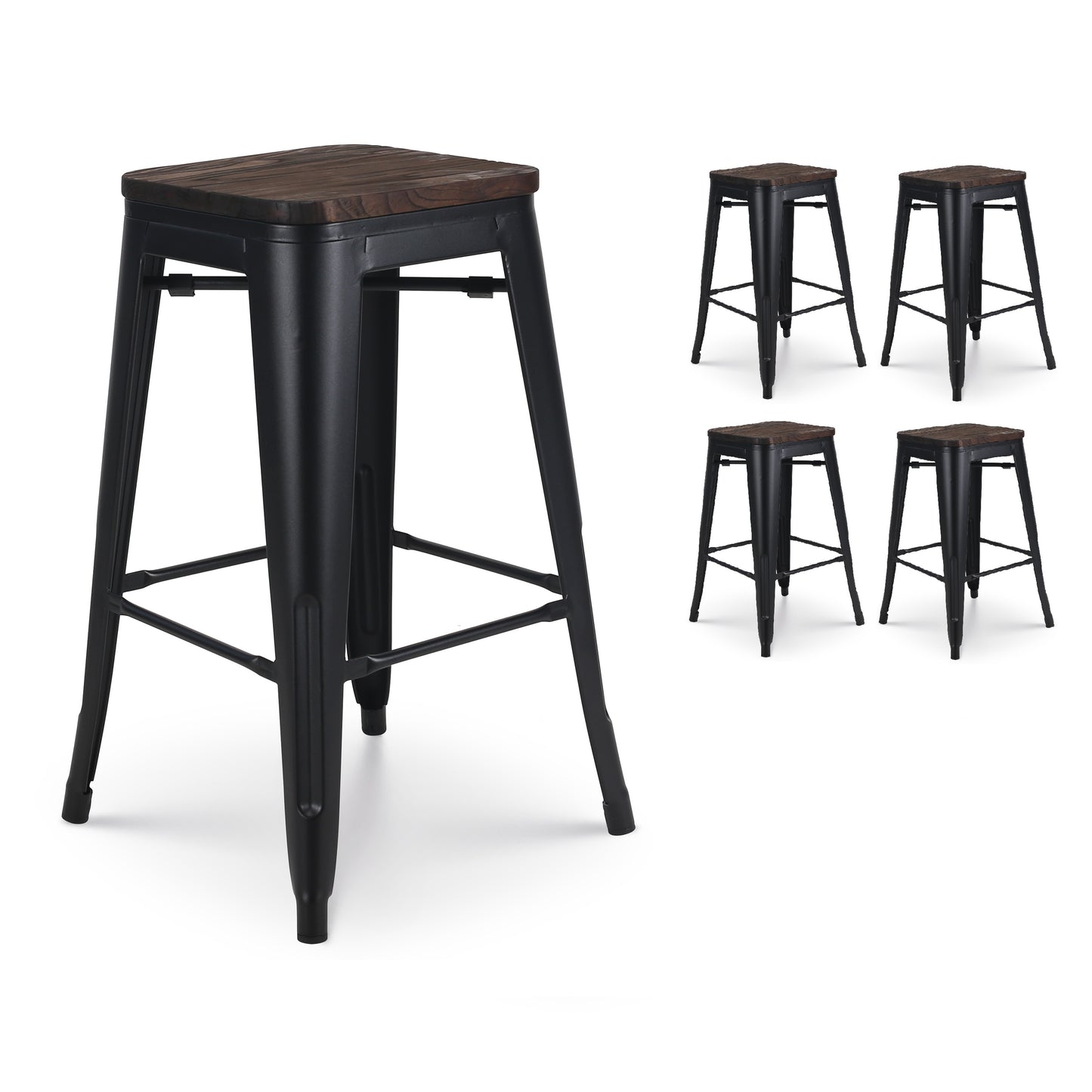 Lot de 4 tabourets de bar en métal noir mat style industriel et assise en bois foncé - Hauteur 66cm